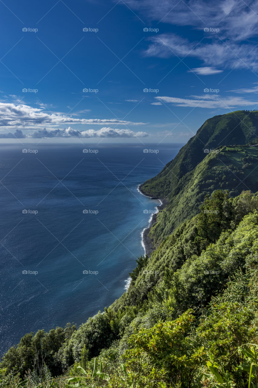 View on the coast of the island of Sao Miguel, Azores, Portugal, from the Miradouro of Ponta do Sossego.