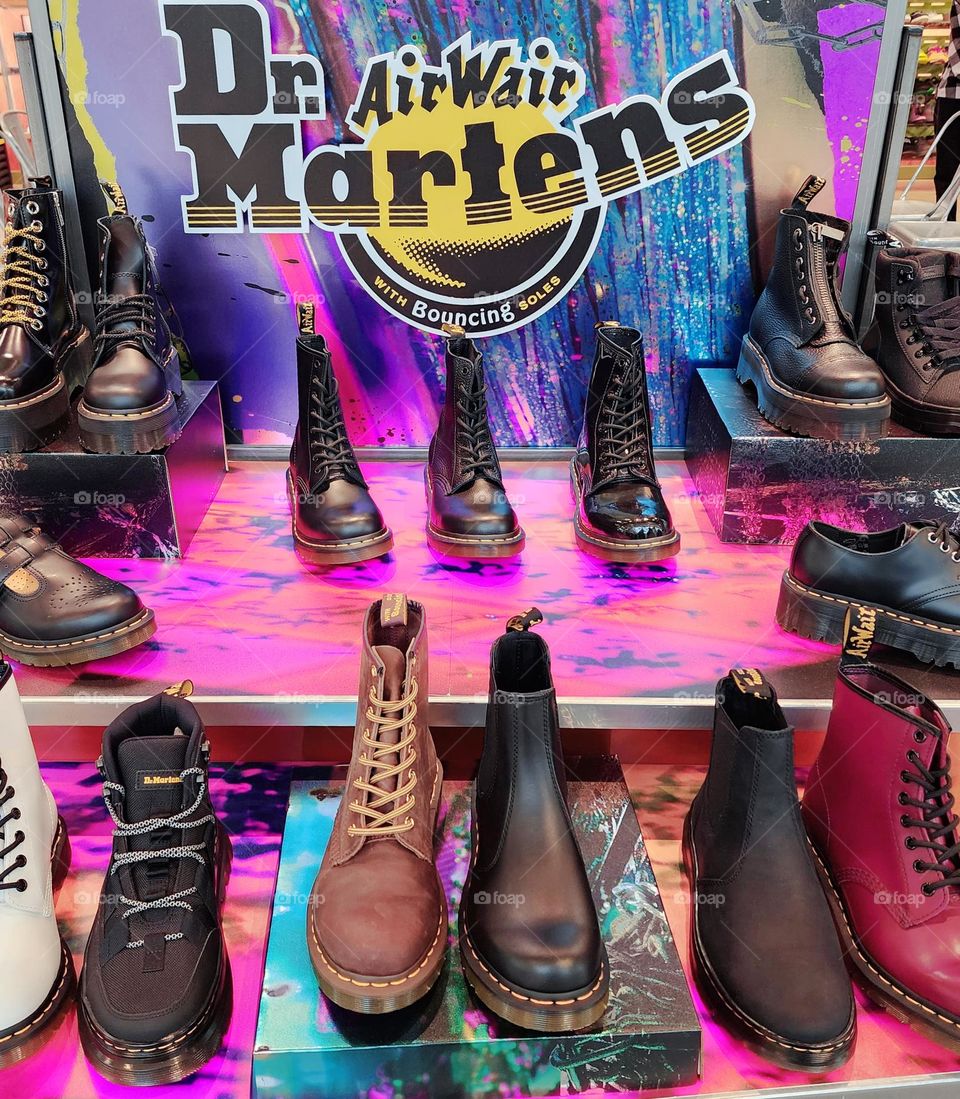 A store display demonstrates the impressive diversity of the Dr. Martens shoe lineup