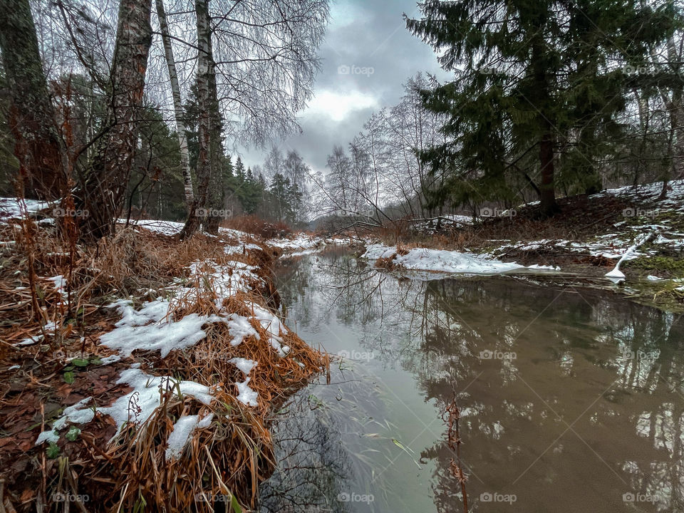 Winter landscape with small forest river