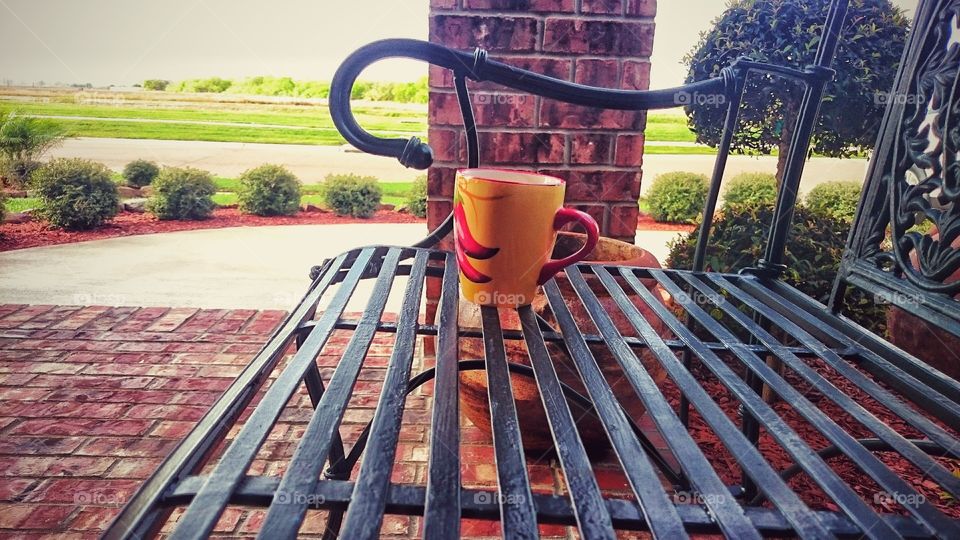 coffee outside bench yard iron brick