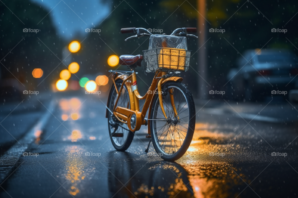 Lonely bycicle on the rain street