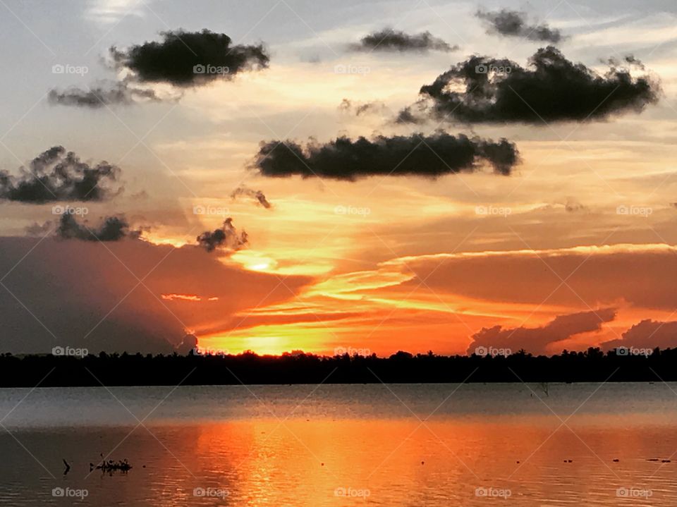 Beautiful sunset at lakeside 