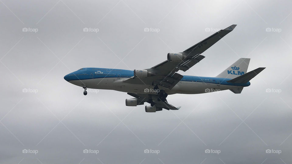 KLM Plane 747-400 Landing Gear Down Grey Cloudy Sky