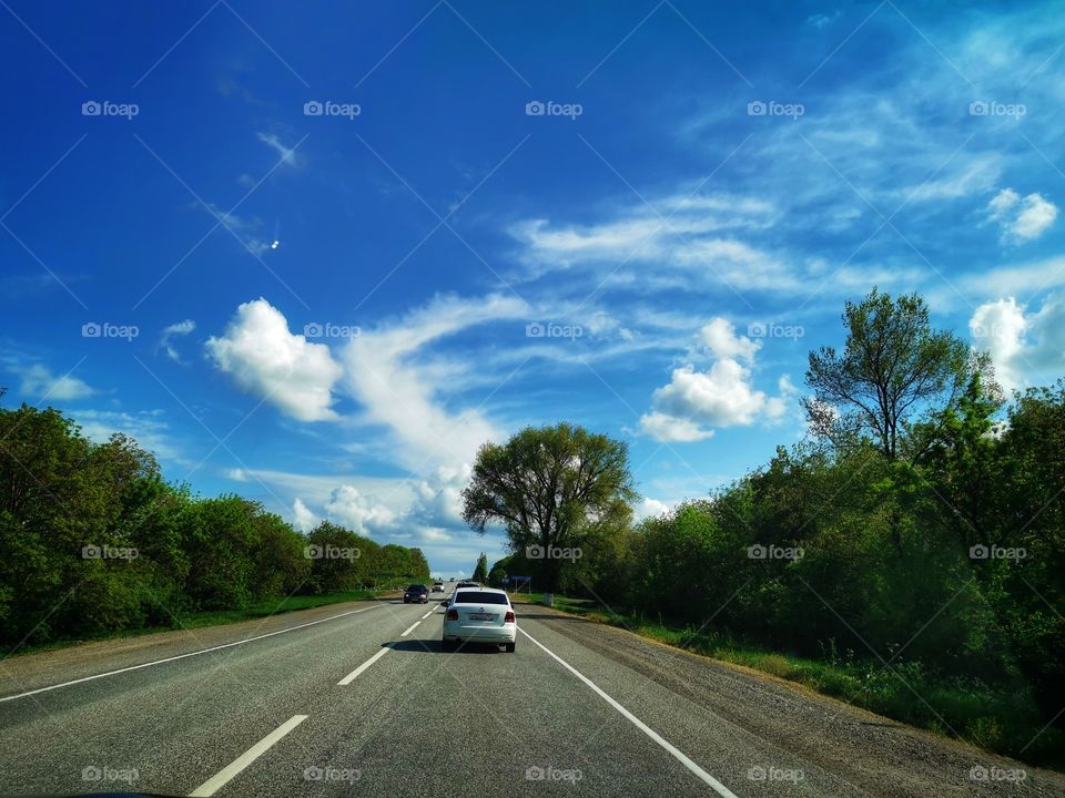 Travel trip way road view car mirror fog foggy milky mountains high freedom happy happiness view green plant grass field heaven moody sky skyline horizont blue street day outdoor outside joy