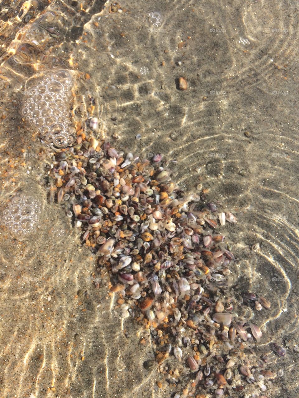 Gentle ocean ripples catch the sunlight overlaying a natural collection of sea pebbles nestled in the sand.