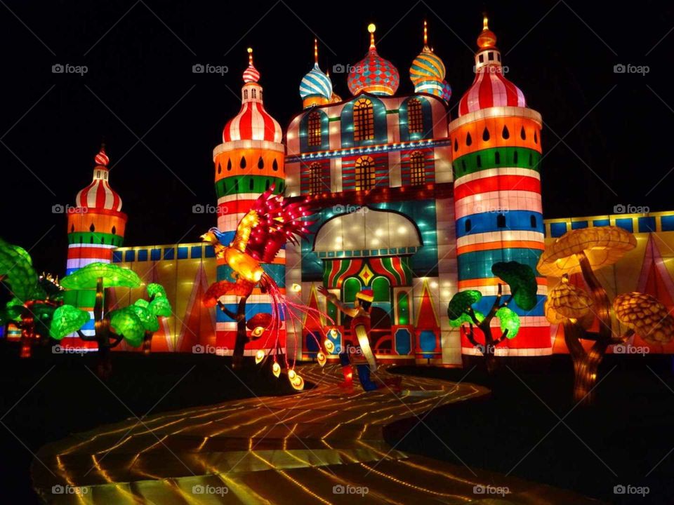 Illuminated lantern temple building at night