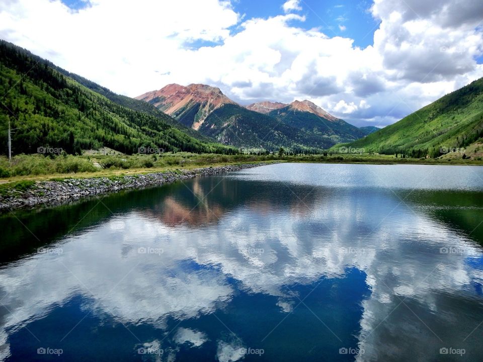 Mountains reflected on lake
