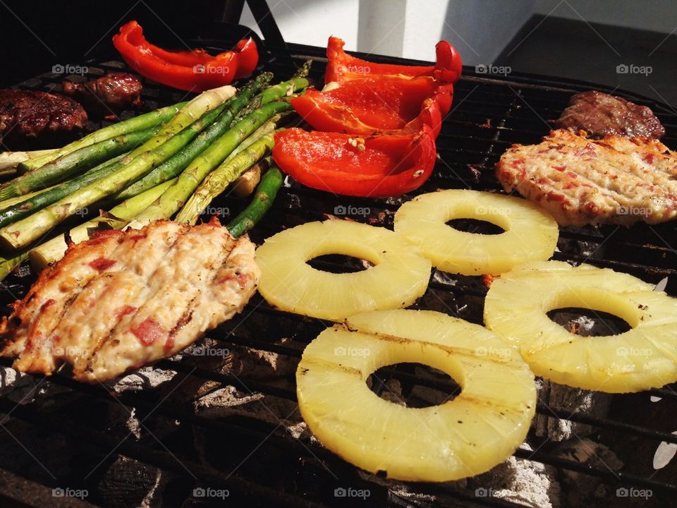 Grilled veggies and burgers
