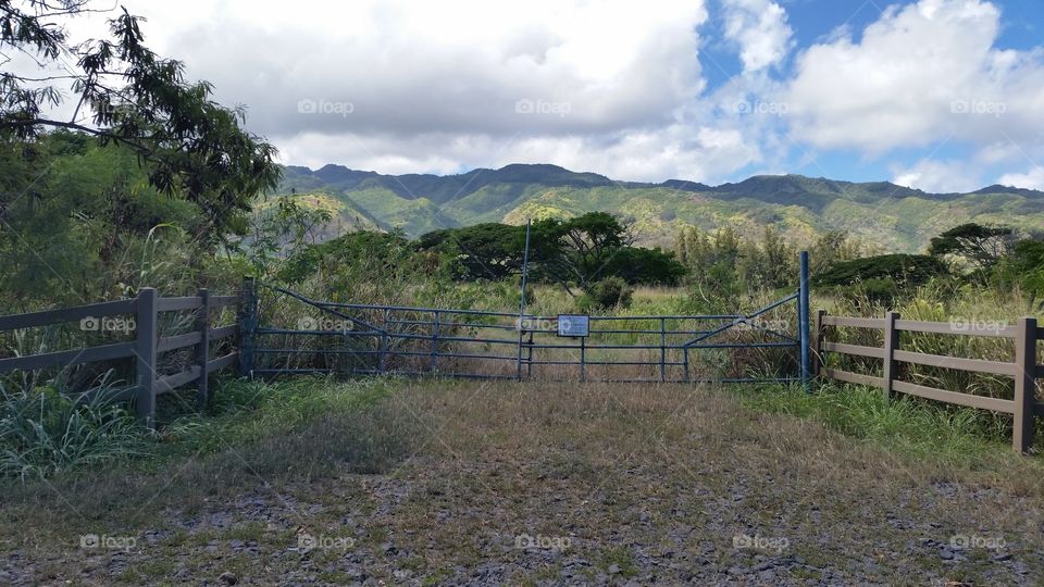 Private Property. Fences block entrance to a ranch in Hawaii. Fields and mountains in the distance.