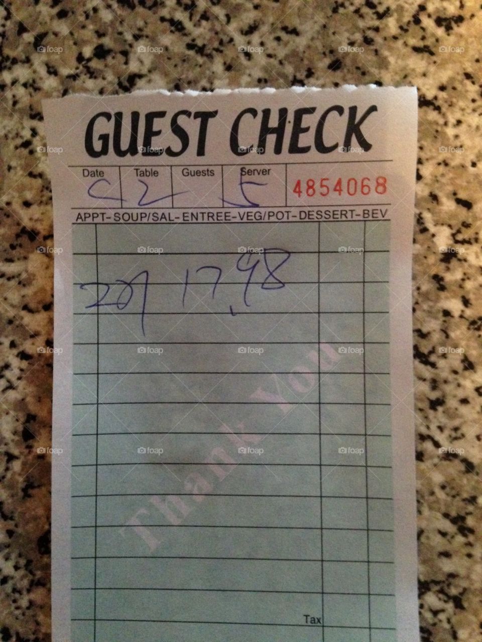 Chinese Buffet Tab for 2. Receipt from Chinese Buffet 