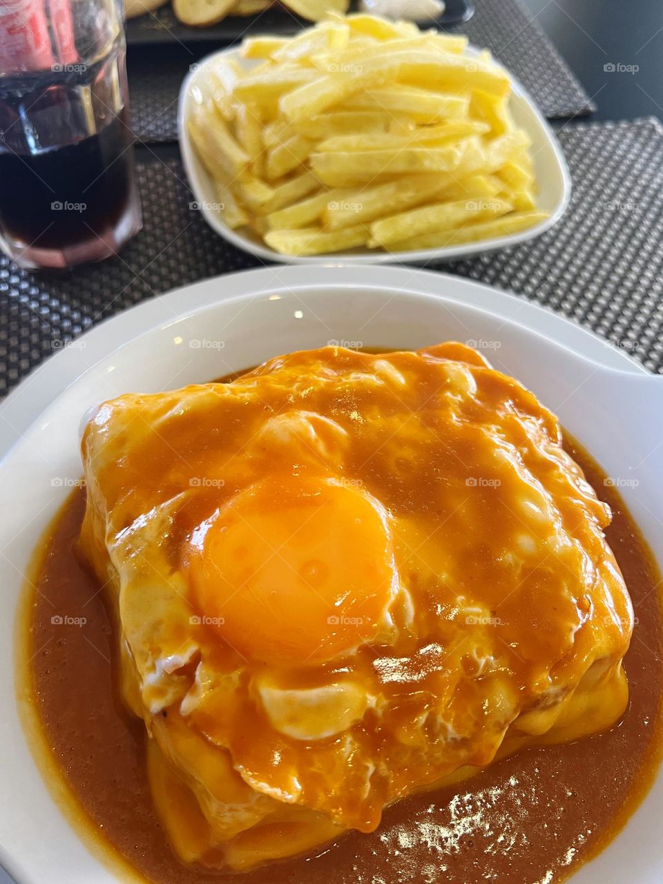 Portuguese food francesinha with fries 