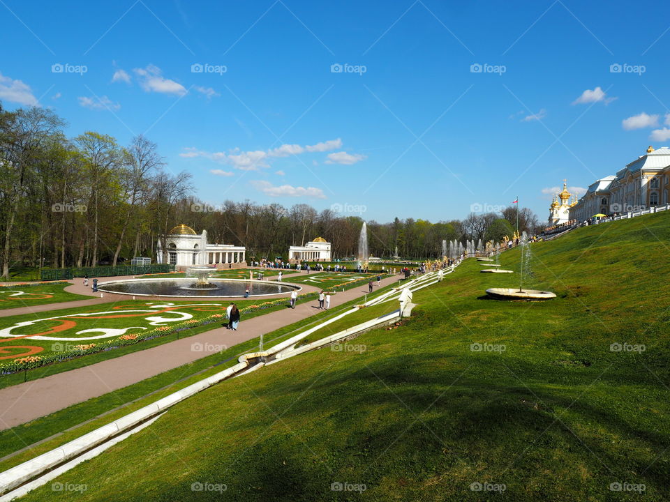 Peterhoff. Park. Palace. Spring. Blue sky
