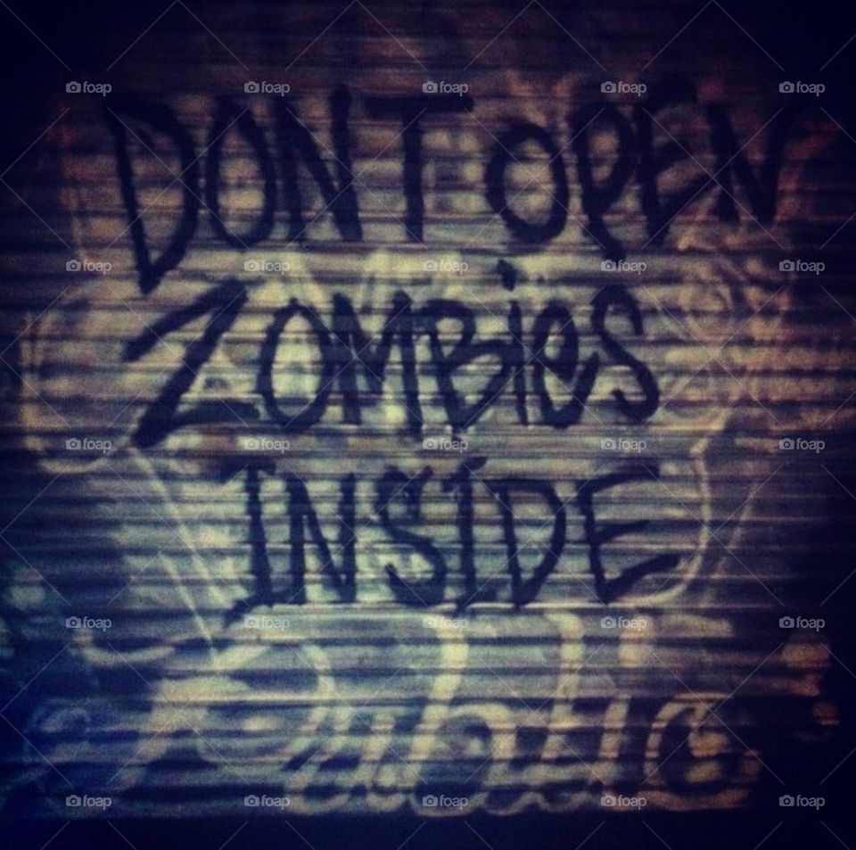 New York Brooklyn graffiti on garage door protecting us from Zombies ... don’t open