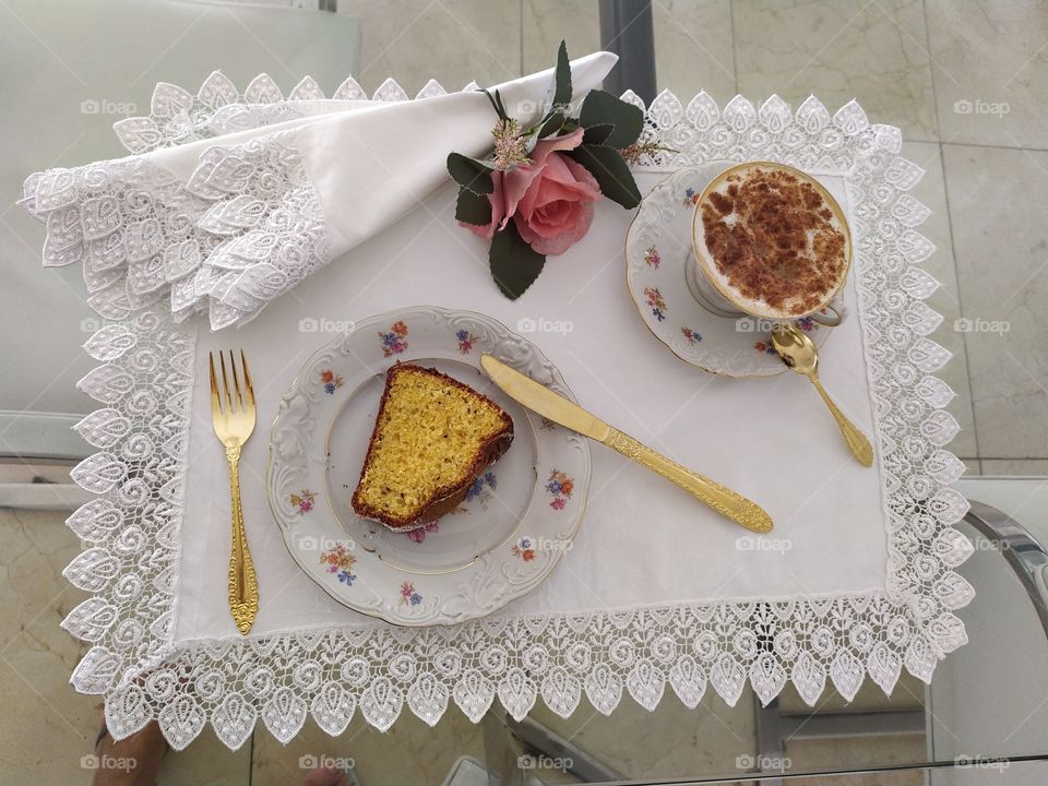 A lovely and delicious peace of cake with a Black coffee in the morning