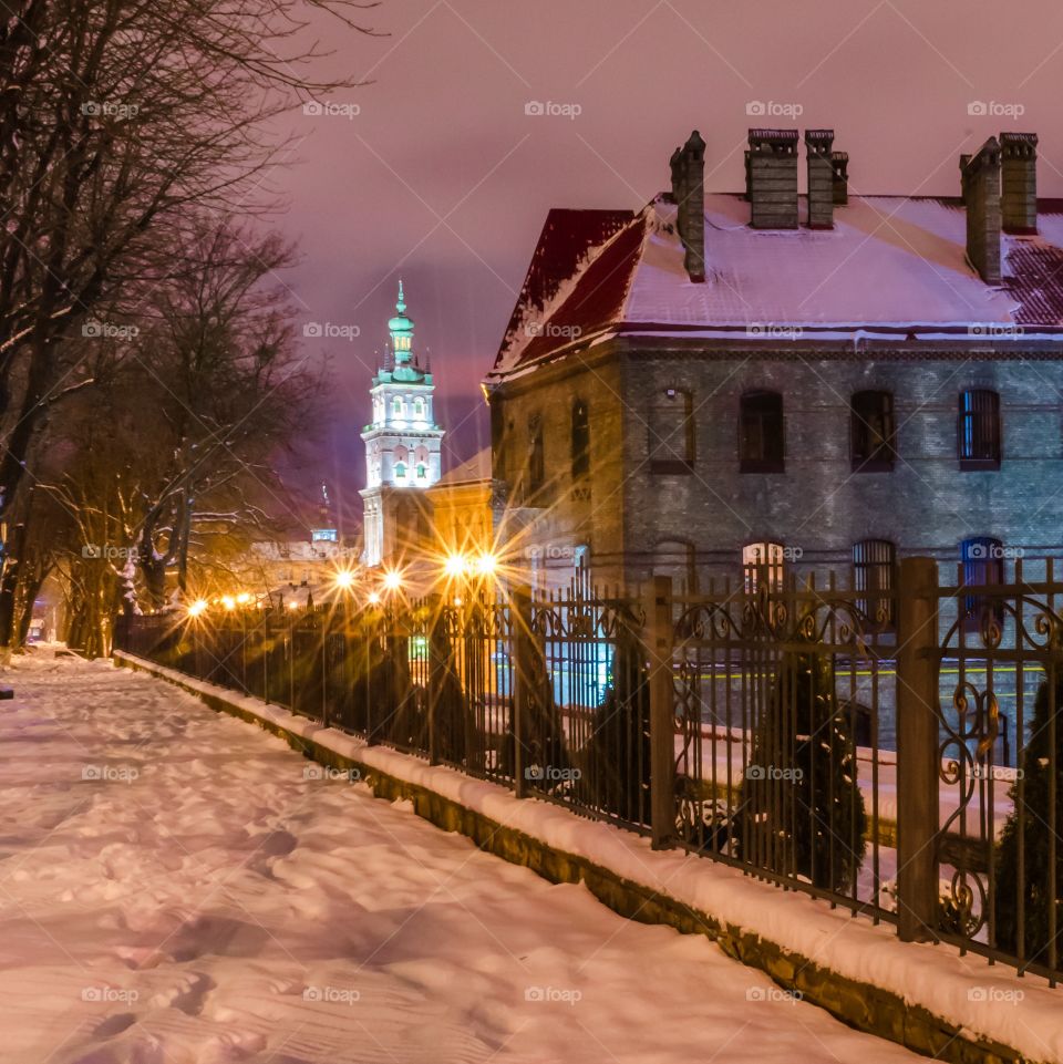 Night city scene in Lviv city